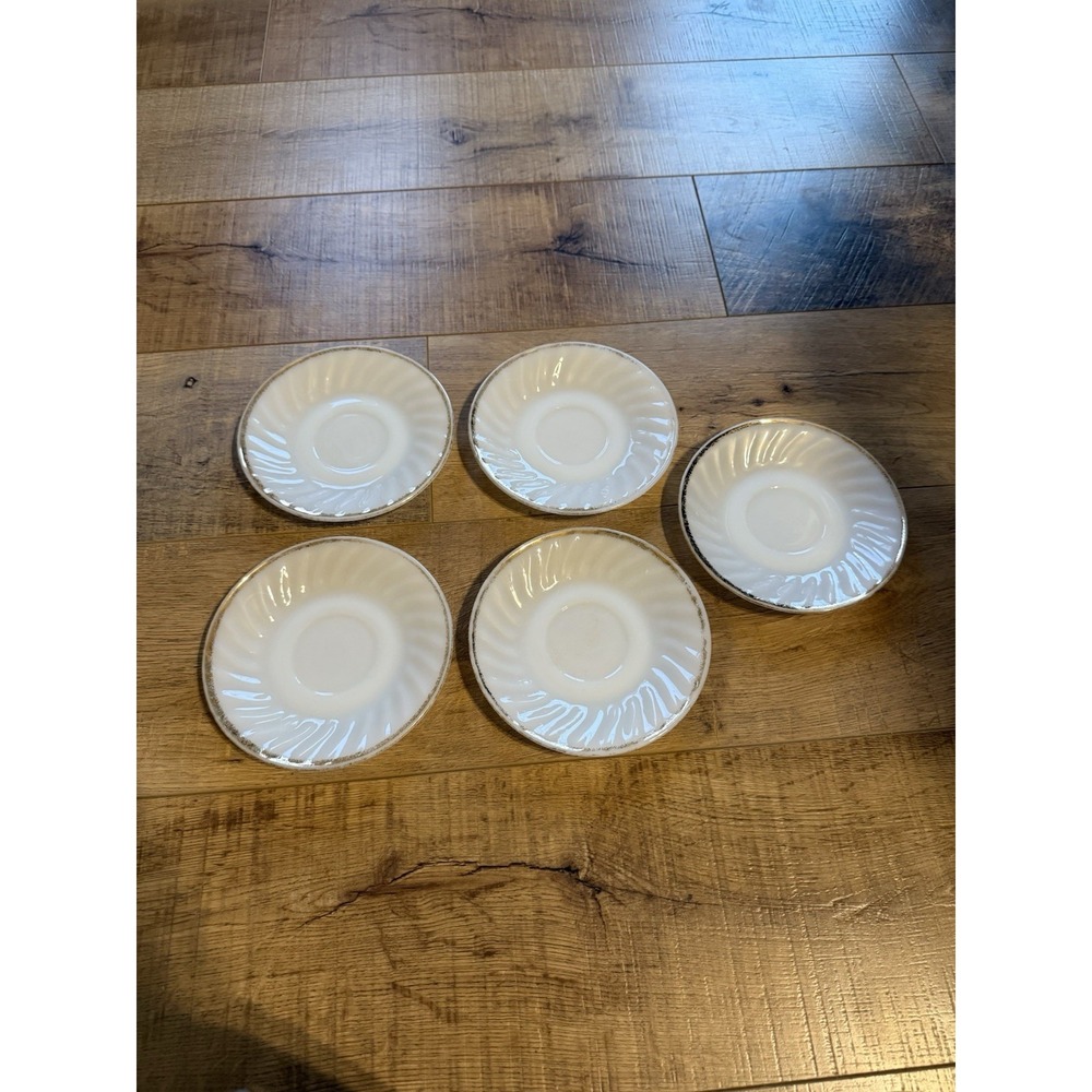 Set of 5 Vintage Fire King Milk Glass Swirl Saucers Gold Trim 6 Inch White